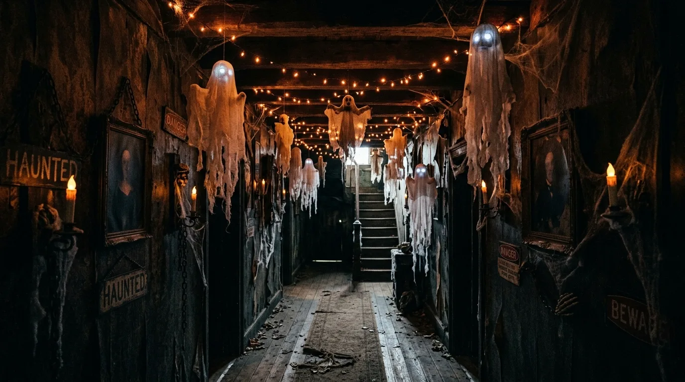 Create a haunted first impression in the entry inspiration for an indoor Halloween setting.